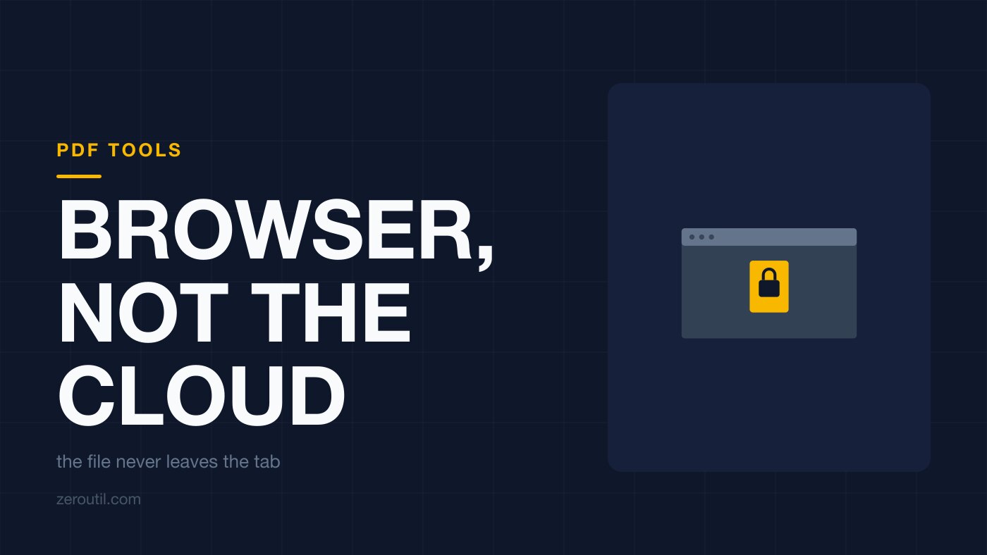 Article title card. A browser window holding an amber document with a padlock on it, with the line: the file never leaves the tab