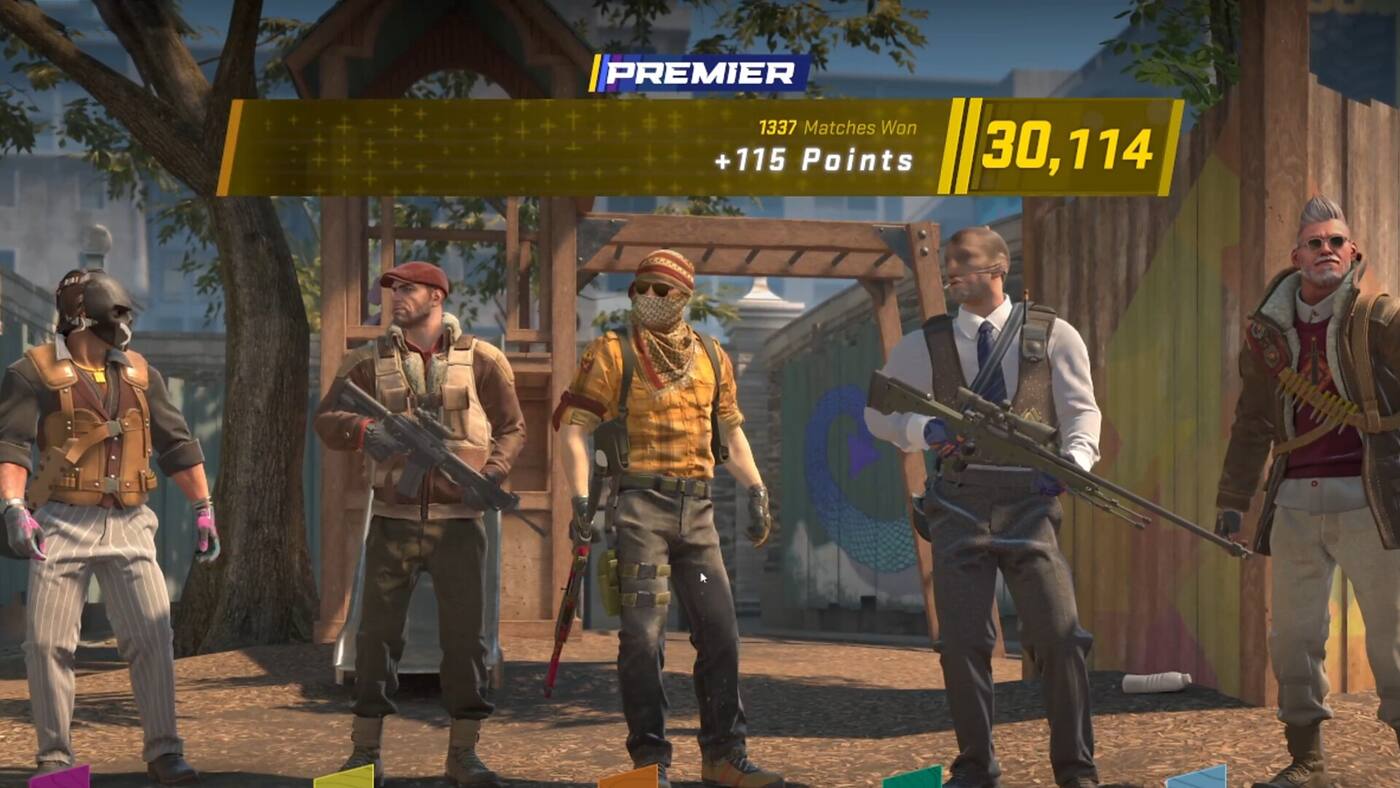The Counter-Strike 2 Premier end-of-match screen, showing a rating of 30,114 after a win worth 115 points, with five players of the winning team standing below it.