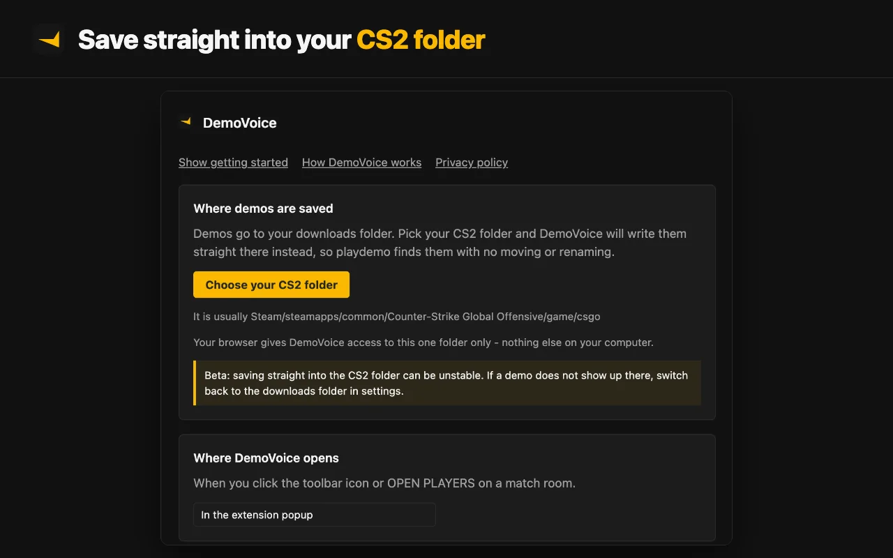 The DemoVoice settings screen with a "Where demos are saved" section and a yellow "Choose your CS2 folder" button, noting the browser grants access to that one folder only.