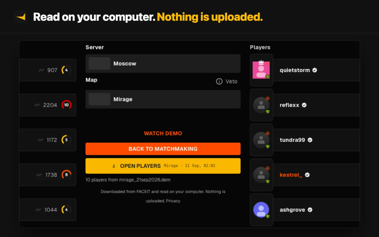 A FACEIT match room with a yellow OPEN PLAYERS button under the Watch Demo button, labelled Mirage, 11 Sep, and the line "10 players from mirage_21sep2026.dem" beneath it.