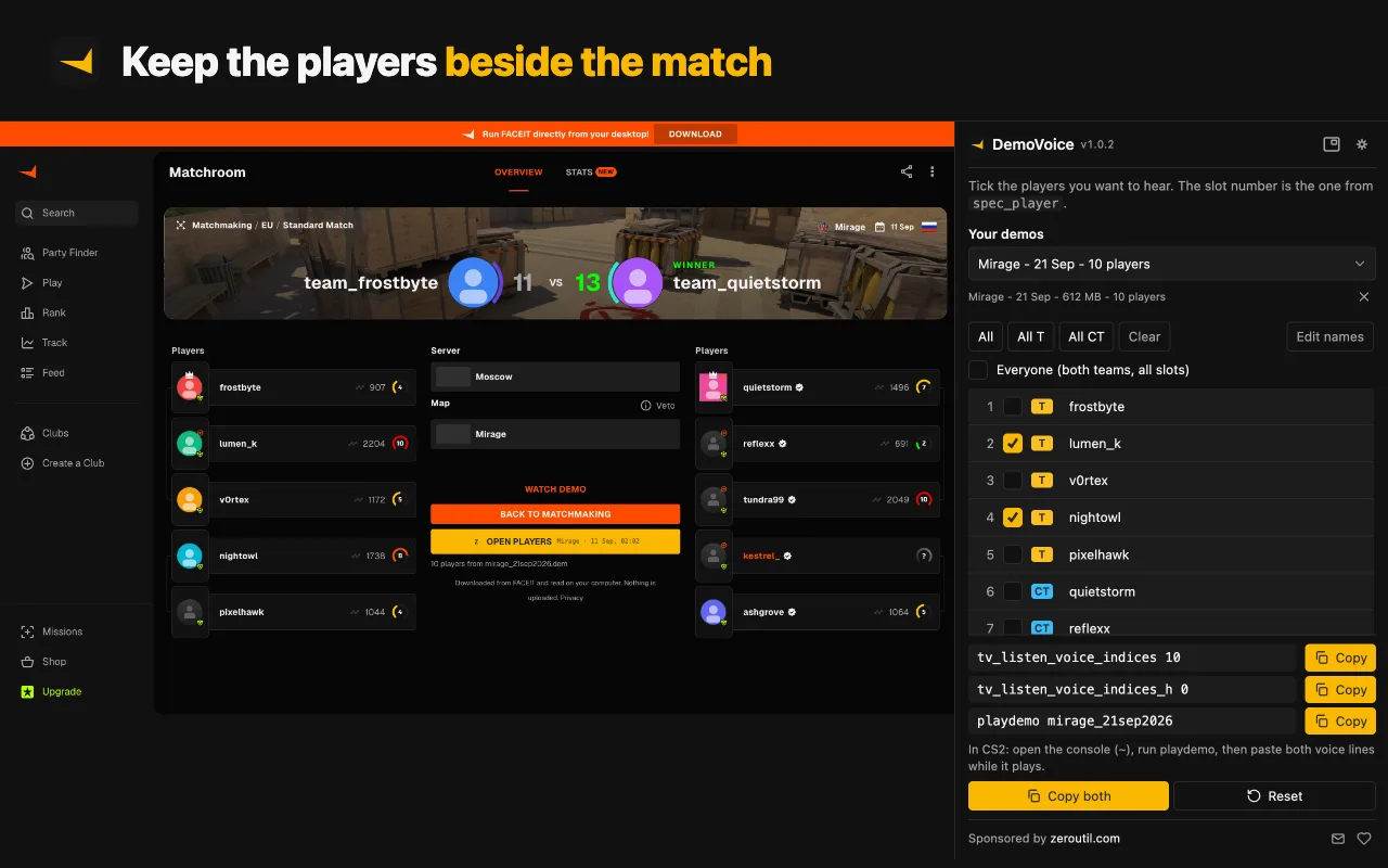 The DemoVoice side panel docked beside a full FACEIT match room, showing all ten players across both teams with T and CT tags and the three command lines at the bottom.